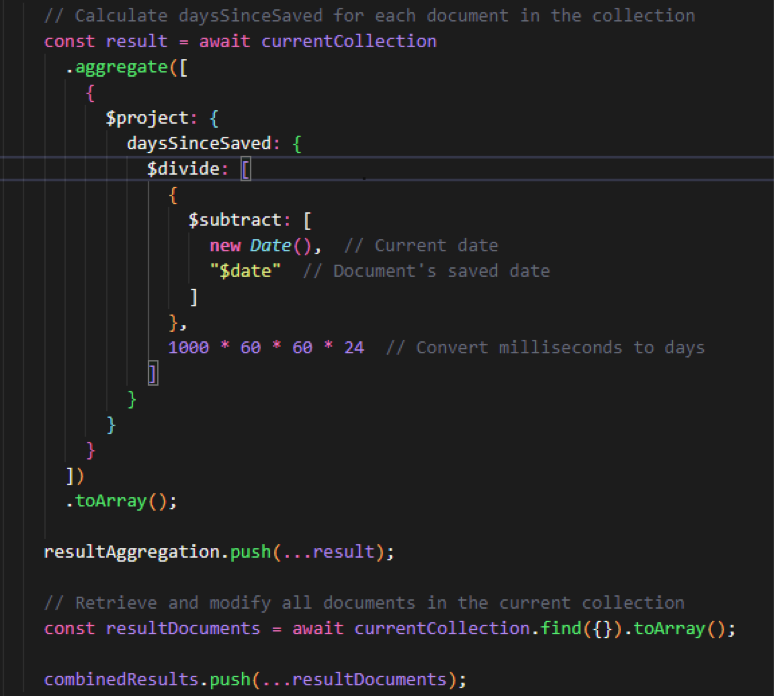 screen of my vscode showing the aggregation pipeline I've implemented to create a new field that stores the total number of days of my webscraper
