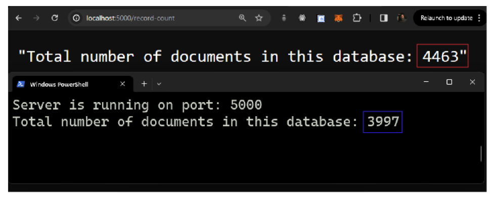 logs showing the discrepancy between the result in my backend API and the backend test files I was using in my frontend project