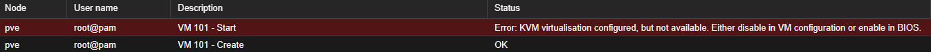 Screenshot of the error in Proxmox