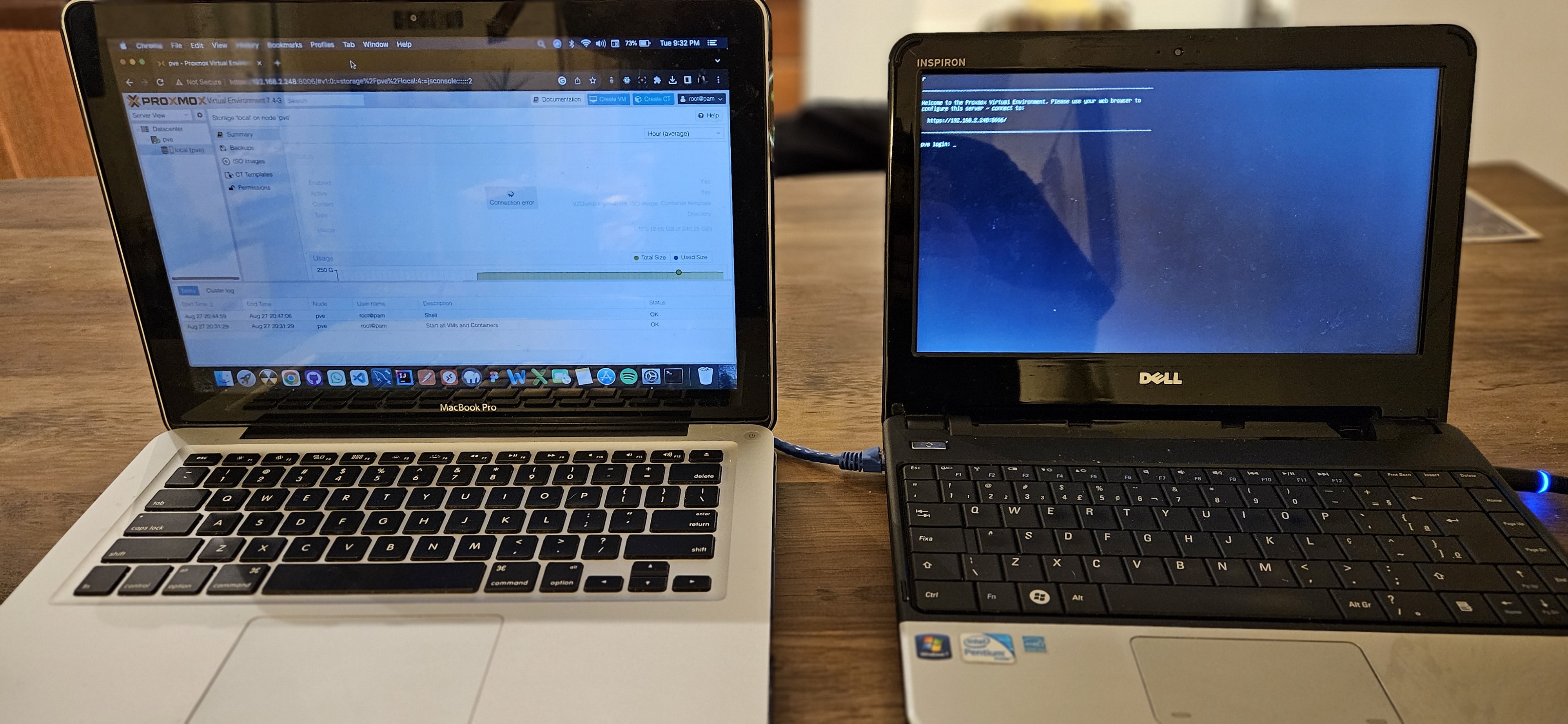 Picture of my working laptop and the laptop I used to install Proxmox